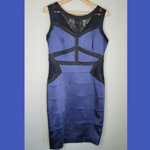 Jax Blue Satin & Black Lace Sleeveless Sheath Dress size 12